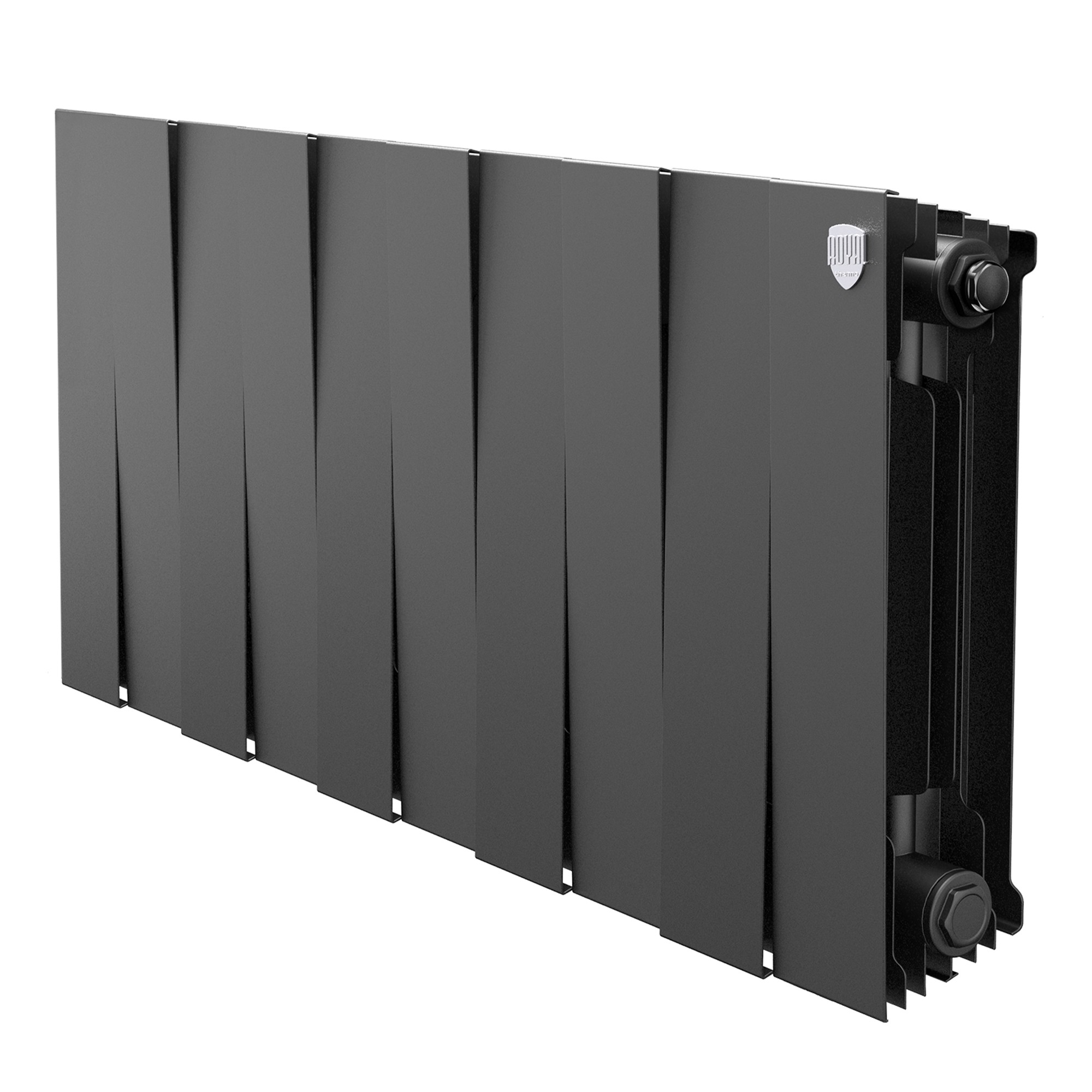 Биметаллический радиатор Royal Thermo PianoForte 300, высота 380 мм, ширина 960 мм, межосевое расстояние 300 мм, количество секций 12, подключение боковое, мощность 1476 Вт, цвет Noir Sable (черный).